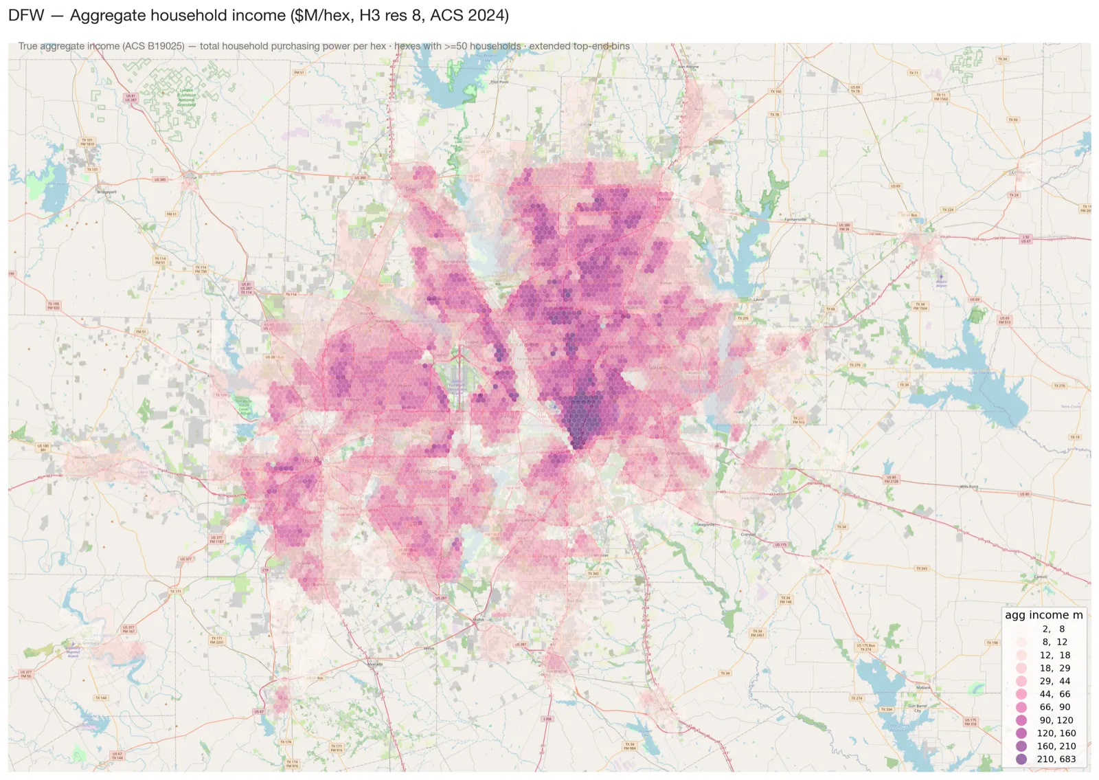 DFW aggregate household income by H3 hex — extended top-end bins